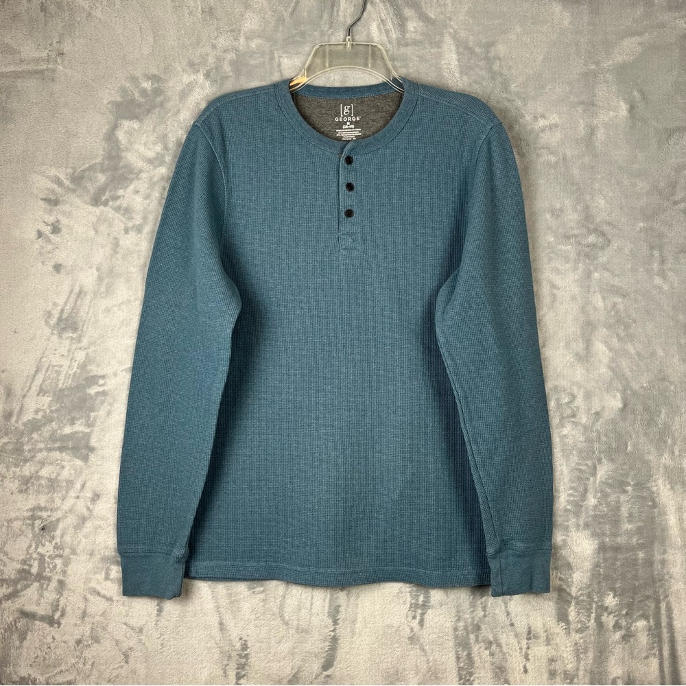 George Thermal Henley Shirt Men’s Sz Medium Blue Waffle Knit Long Sleeve Classic